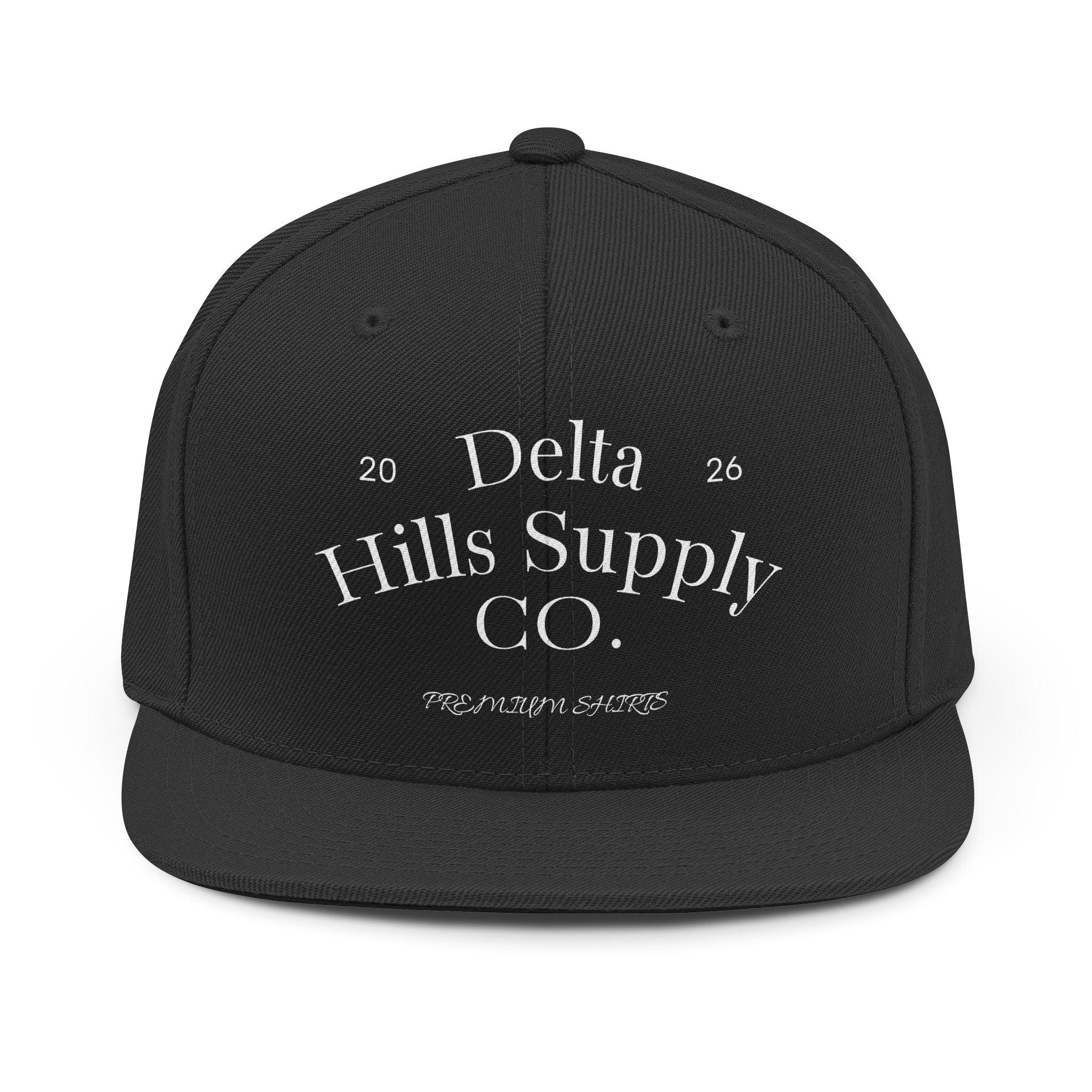 Delta Hills Supply Co. Snapback Hat — Vintage Logo Flat-Brim Cap