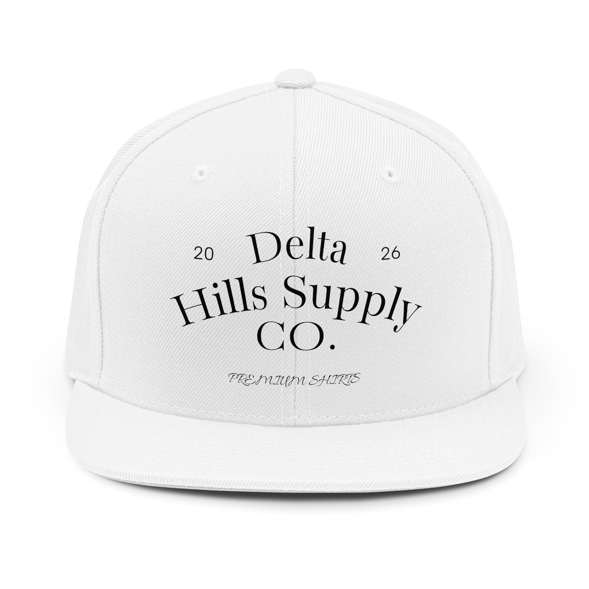 Delta Hills Supply Co. Snapback Hat — Vintage Logo Flat-Brim Cap